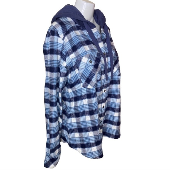 Columbia Flannel Hoodie Blue Plaid Button Up Size Large - Picture 3 of 10